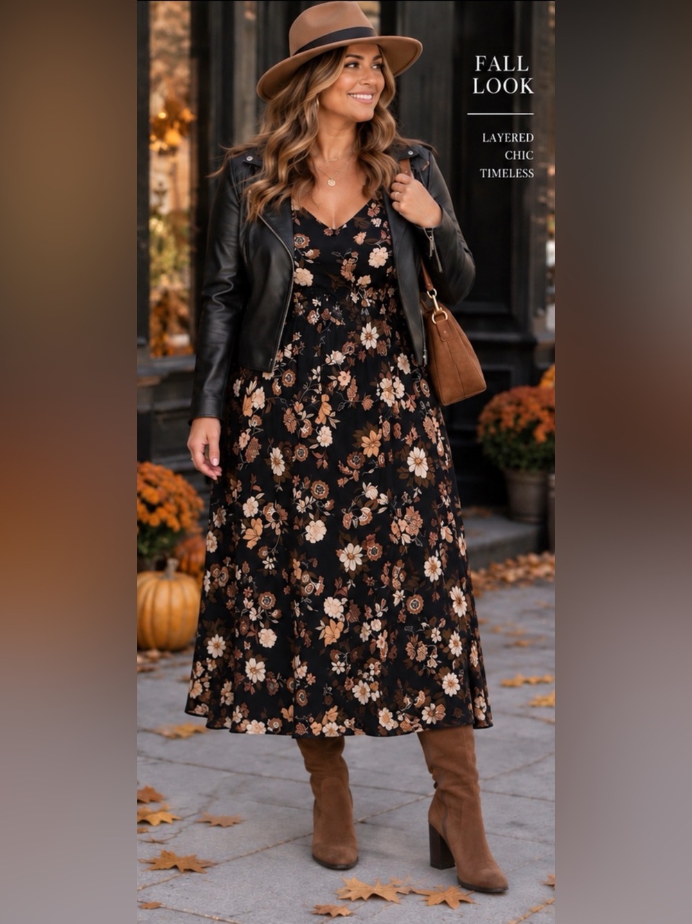 Maurices Black Floral V‑Neck Maxi Dress with Brown & Cream Blooms
